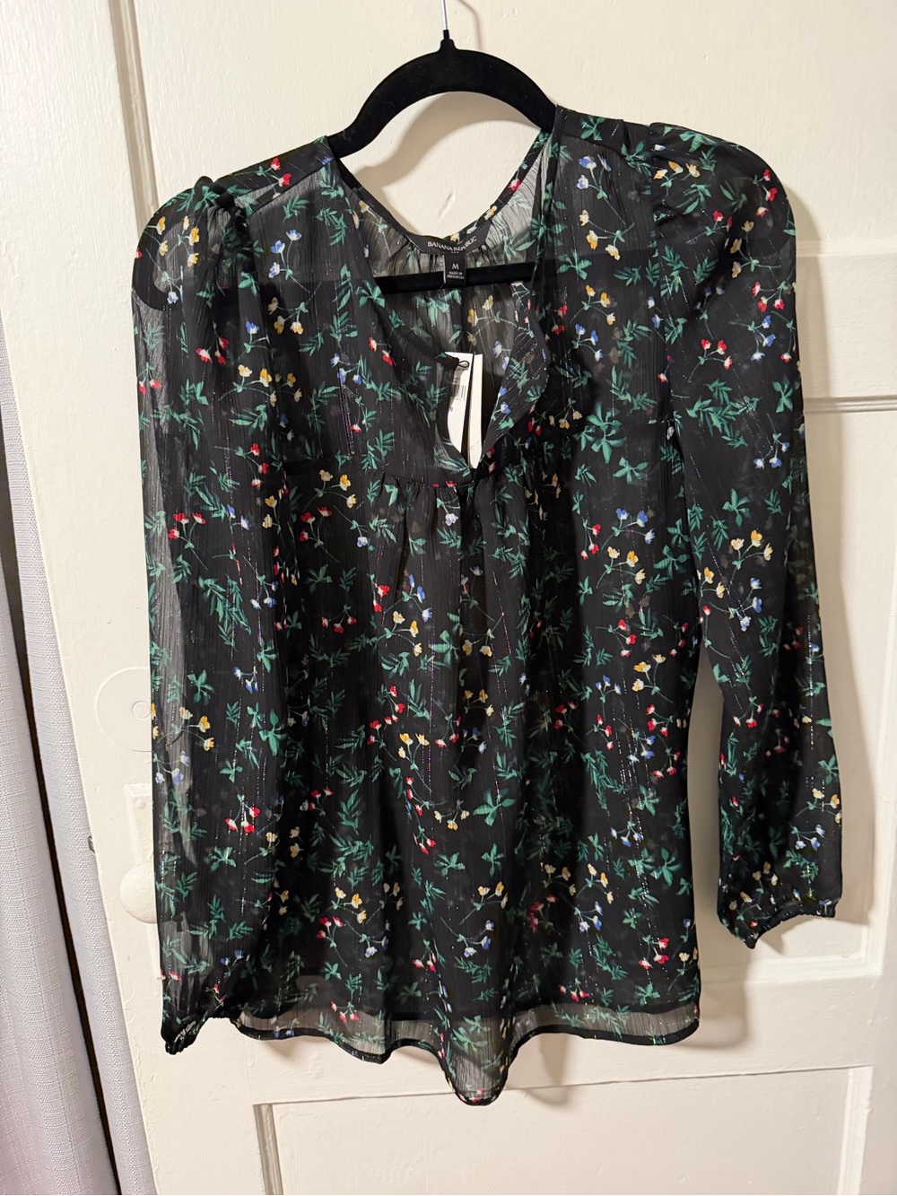 Banana Republic Black Sheer Floral Tie-Neck Blouse Size Medium